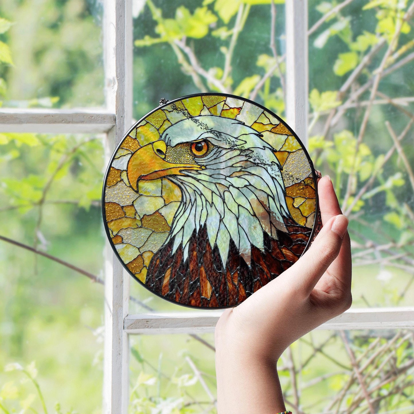Bald Eagle Stained Glass Suncatcher – Patriotic Window Decor – Gift for Veterans, Dad, or Nature Lovers