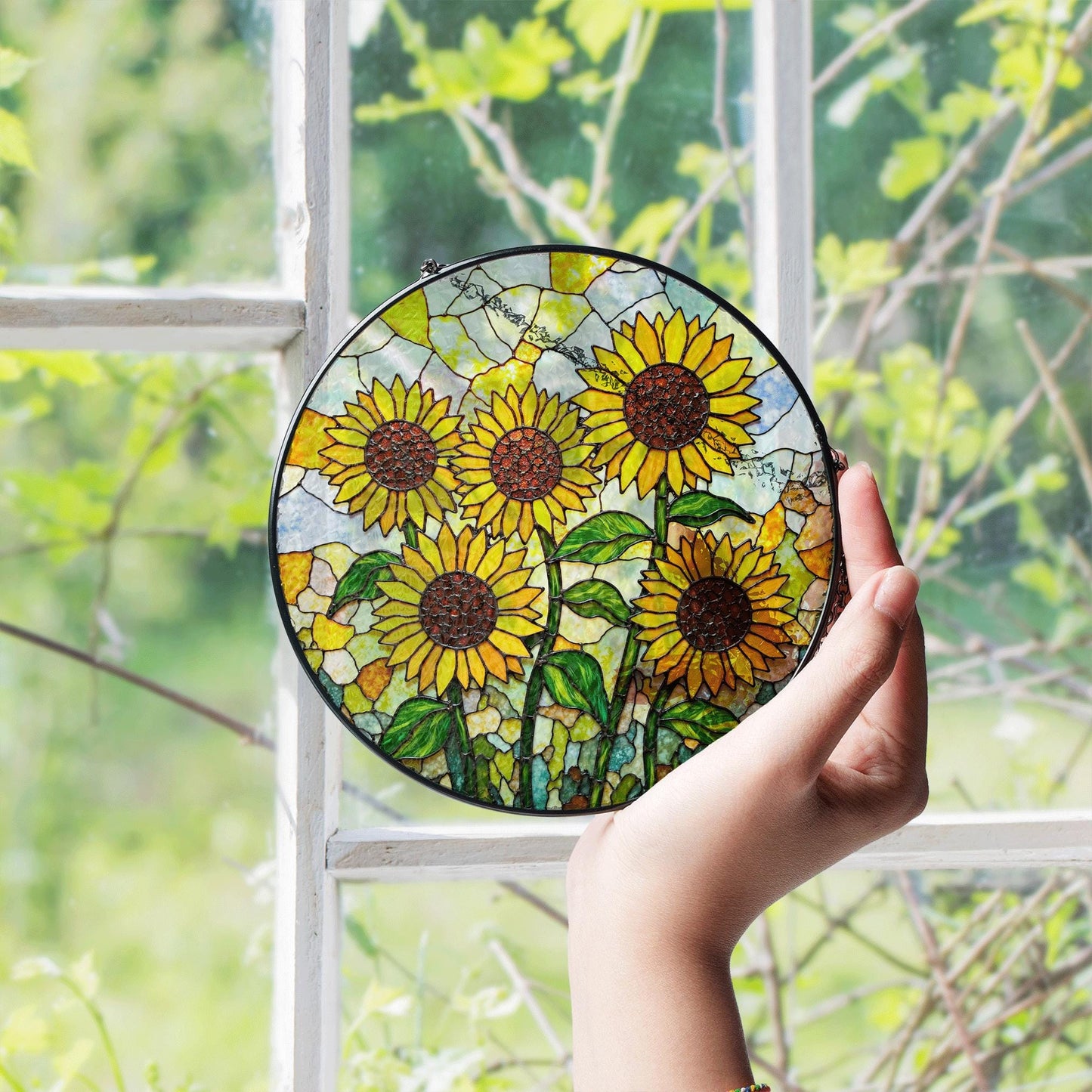 Stained Glass Sunflower Suncatcher – Cheerful Yellow Floral Window Decor – Nature Gift for Garden Lovers