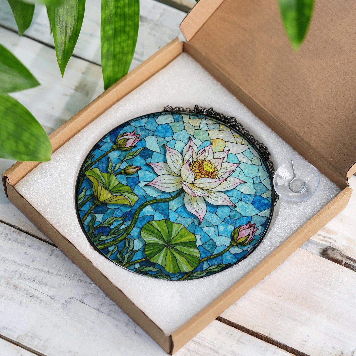 Hand-Painted Lotus Flower Suncatcher – Stained Glass Window Decor – Tranquil Gift for Nature Lovers
