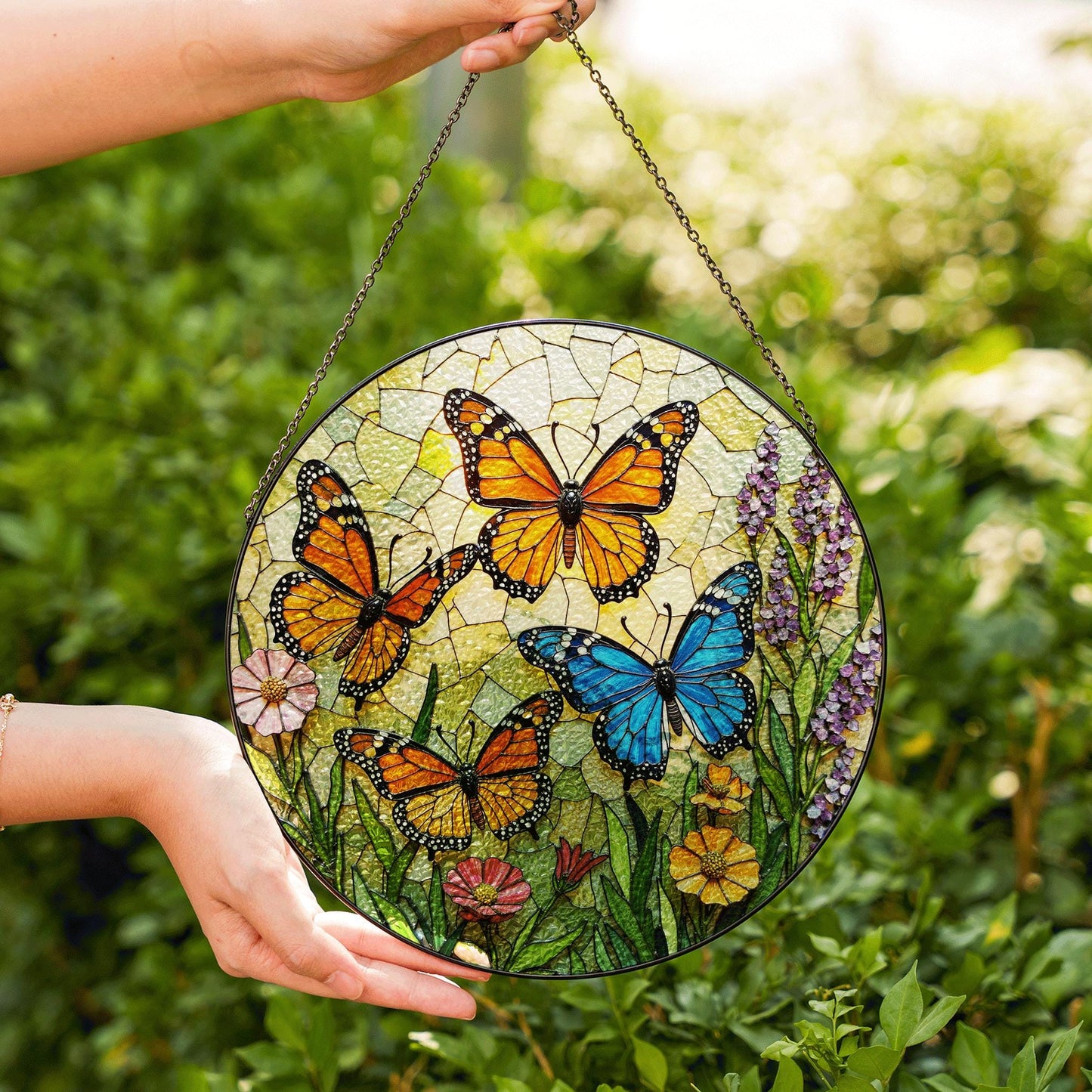Stained Glass Butterfly Suncatcher – Monarch , Blue Butterflies in Floral Garden – Nature Gift for Mom or Garden Lover