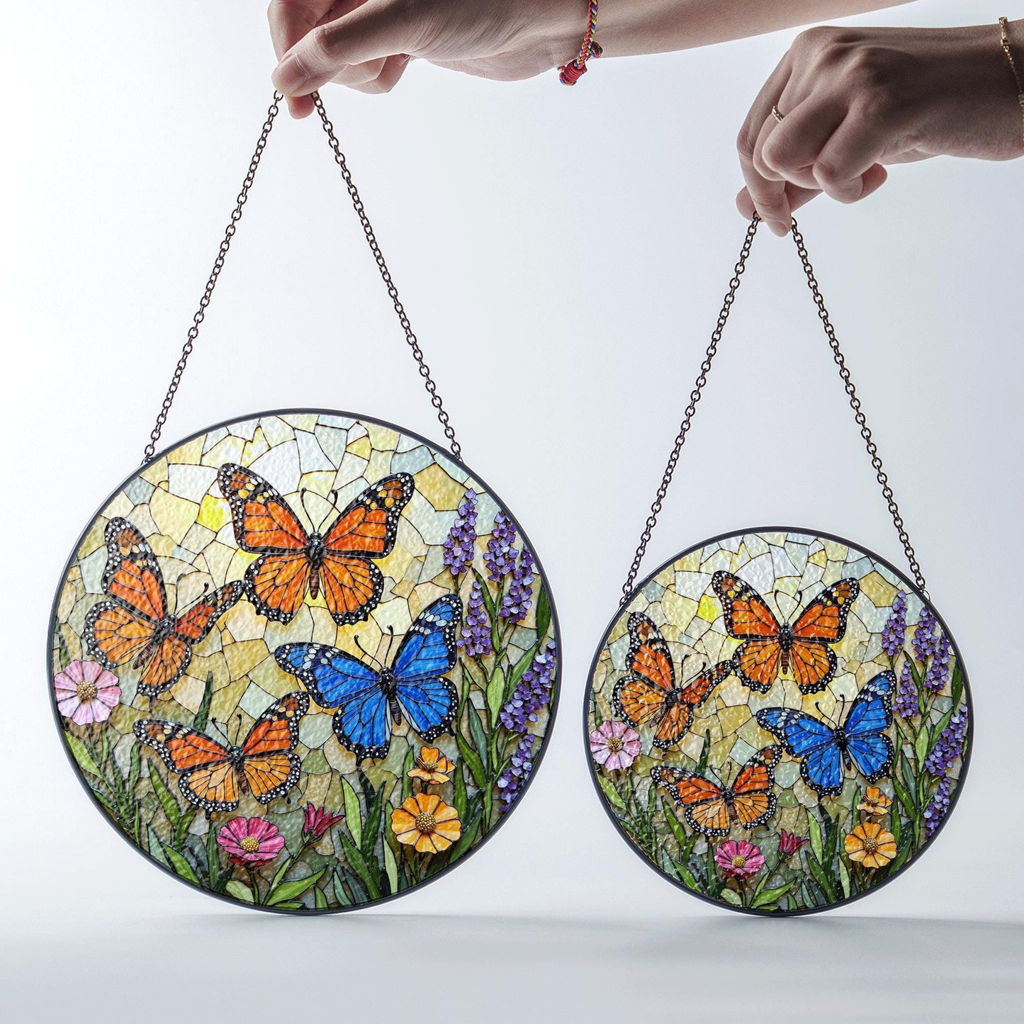 Stained Glass Butterfly Suncatcher – Monarch , Blue Butterflies in Floral Garden – Nature Gift for Mom or Garden Lover