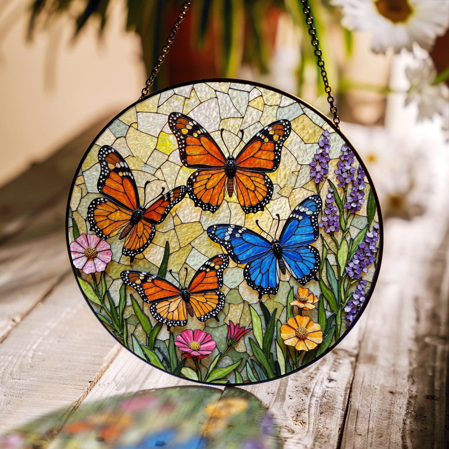 Stained Glass Butterfly Suncatcher – Monarch , Blue Butterflies in Floral Garden – Nature Gift for Mom or Garden Lover