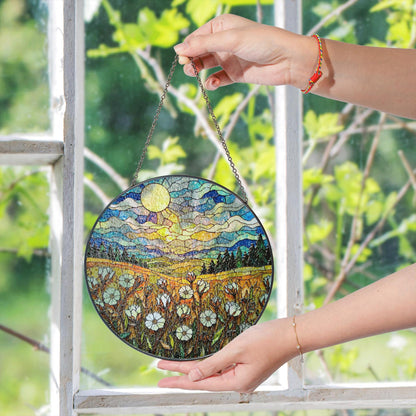 Moonlit Wildflower Meadow Stained Glass Suncatcher – Nature Scene Window Decor Gift for Garden Lovers