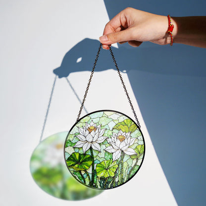 Stained Glass Lotus Suncatcher – White Water Lilies with Green Leaves – Nature Gift for Garden Lovers