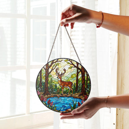 Majestic Deer Forest Scene Stained Glass Style Window Hanging Suncatcher Gift for Nature Lover
