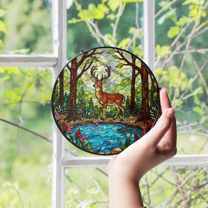 Majestic Deer Forest Scene Stained Glass Style Window Hanging Suncatcher Gift for Nature Lover