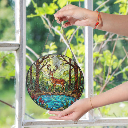 Majestic Deer Forest Scene Stained Glass Style Window Hanging Suncatcher Gift for Nature Lover