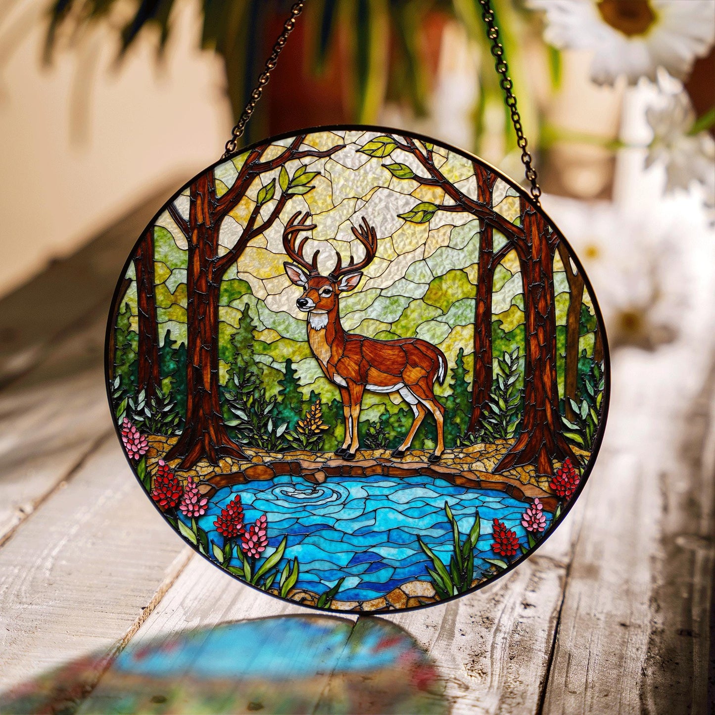 Majestic Deer Forest Scene Stained Glass Style Window Hanging Suncatcher Gift for Nature Lover