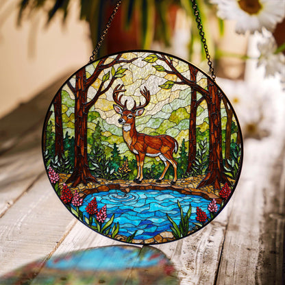 Majestic Deer Forest Scene Stained Glass Style Window Hanging Suncatcher Gift for Nature Lover