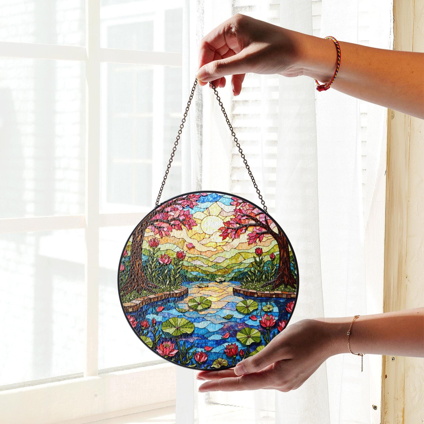 Stained Glass Lotus Pond Scene Round Suncatcher Window Decor Gift for Nature Lover Friend