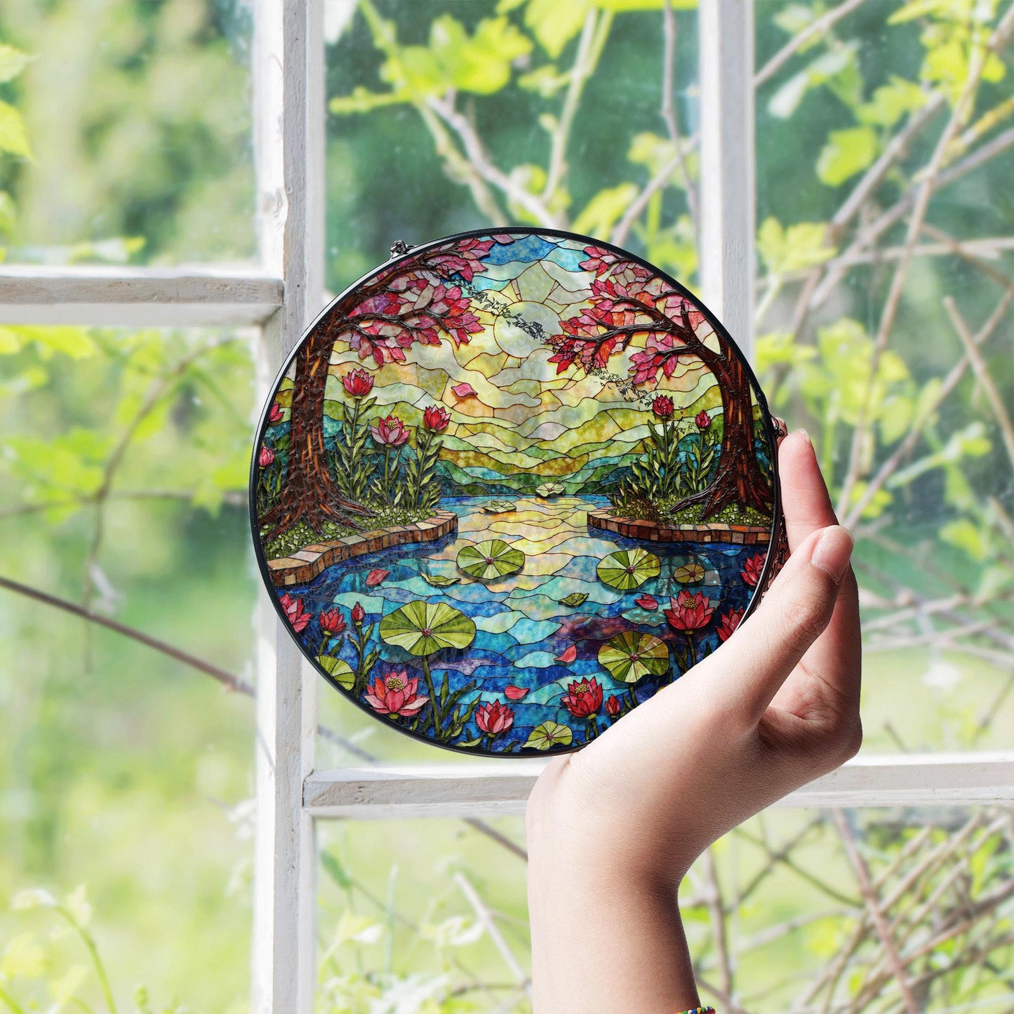 Stained Glass Lotus Pond Scene Round Suncatcher Window Decor Gift for Nature Lover Friend
