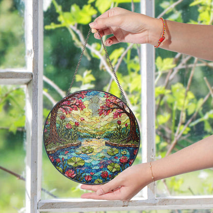 Stained Glass Lotus Pond Scene Round Suncatcher Window Decor Gift for Nature Lover Friend