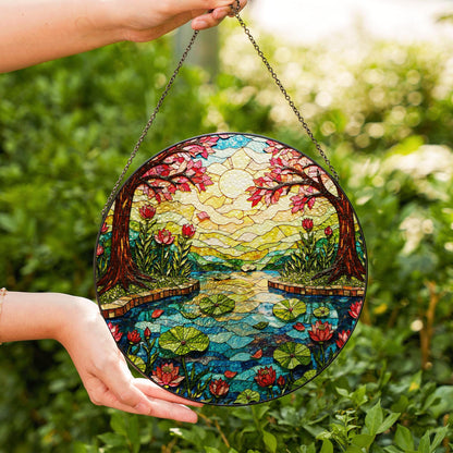 Stained Glass Lotus Pond Scene Round Suncatcher Window Decor Gift for Nature Lover Friend
