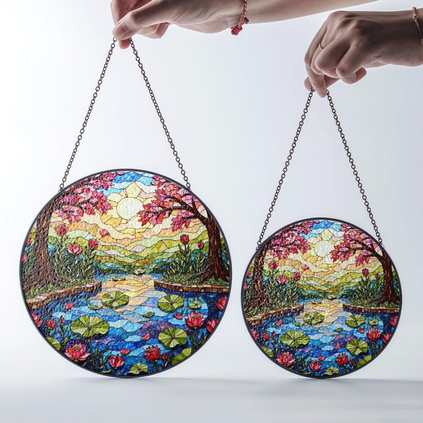 Stained Glass Lotus Pond Scene Round Suncatcher Window Decor Gift for Nature Lover Friend