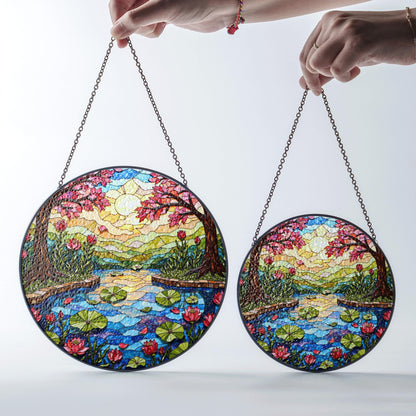 Stained Glass Lotus Pond Scene Round Suncatcher Window Decor Gift for Nature Lover Friend