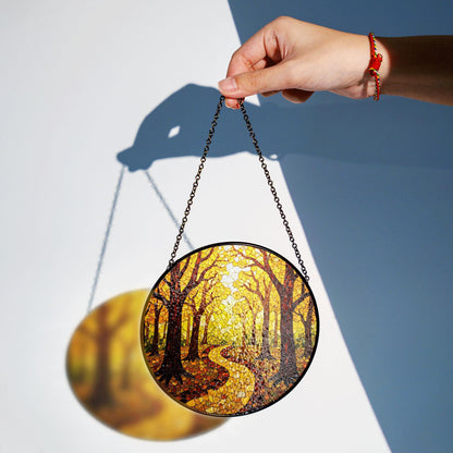 Autumn Forest Path Round Suncatcher Stained Glass Window Decor Gift for Nature Lovers