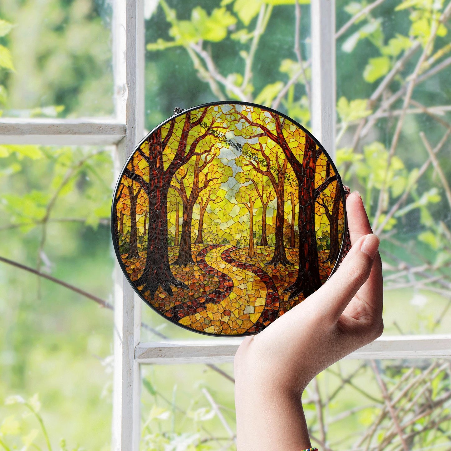 Autumn Forest Path Round Suncatcher Stained Glass Window Decor Gift for Nature Lovers