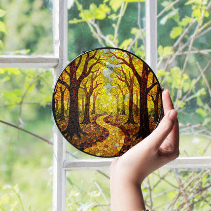 Autumn Forest Path Round Suncatcher Stained Glass Window Decor Gift for Nature Lovers