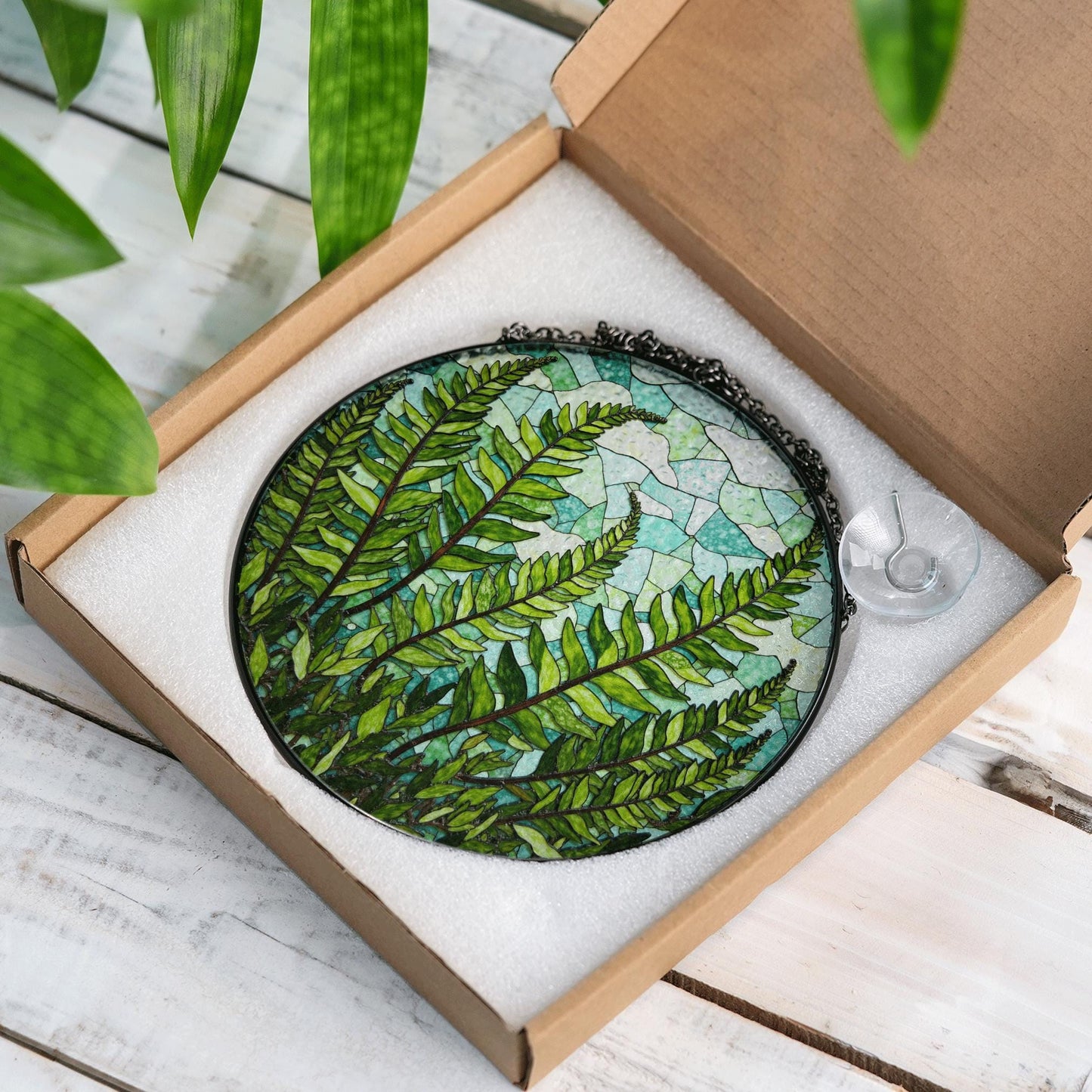 Green Fern Leaves Stained Glass Round Suncatcher Nature Window Decor Gift for Nature Lovers
