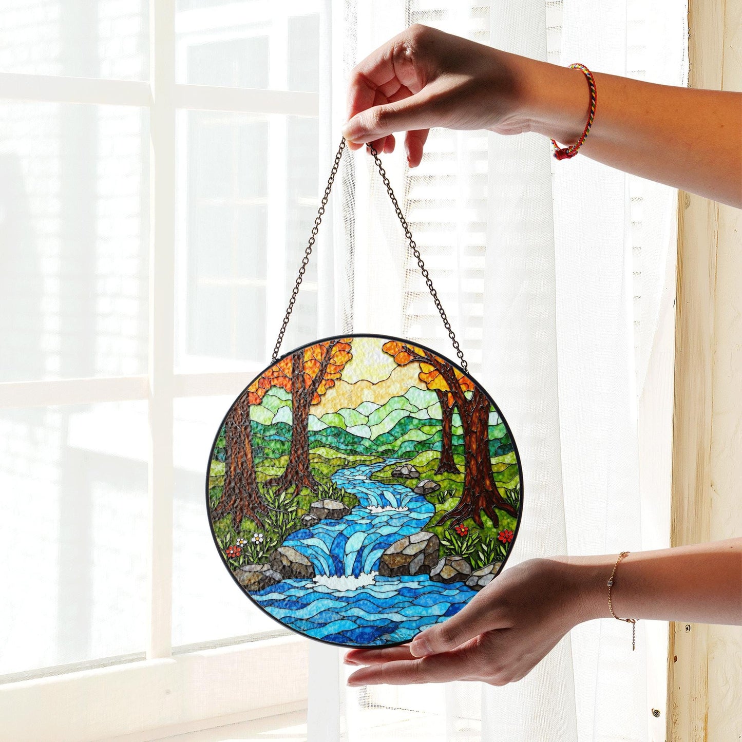 Forest waterfall creek stained glass suncatcher nature window hanging gift for outdoor lovers