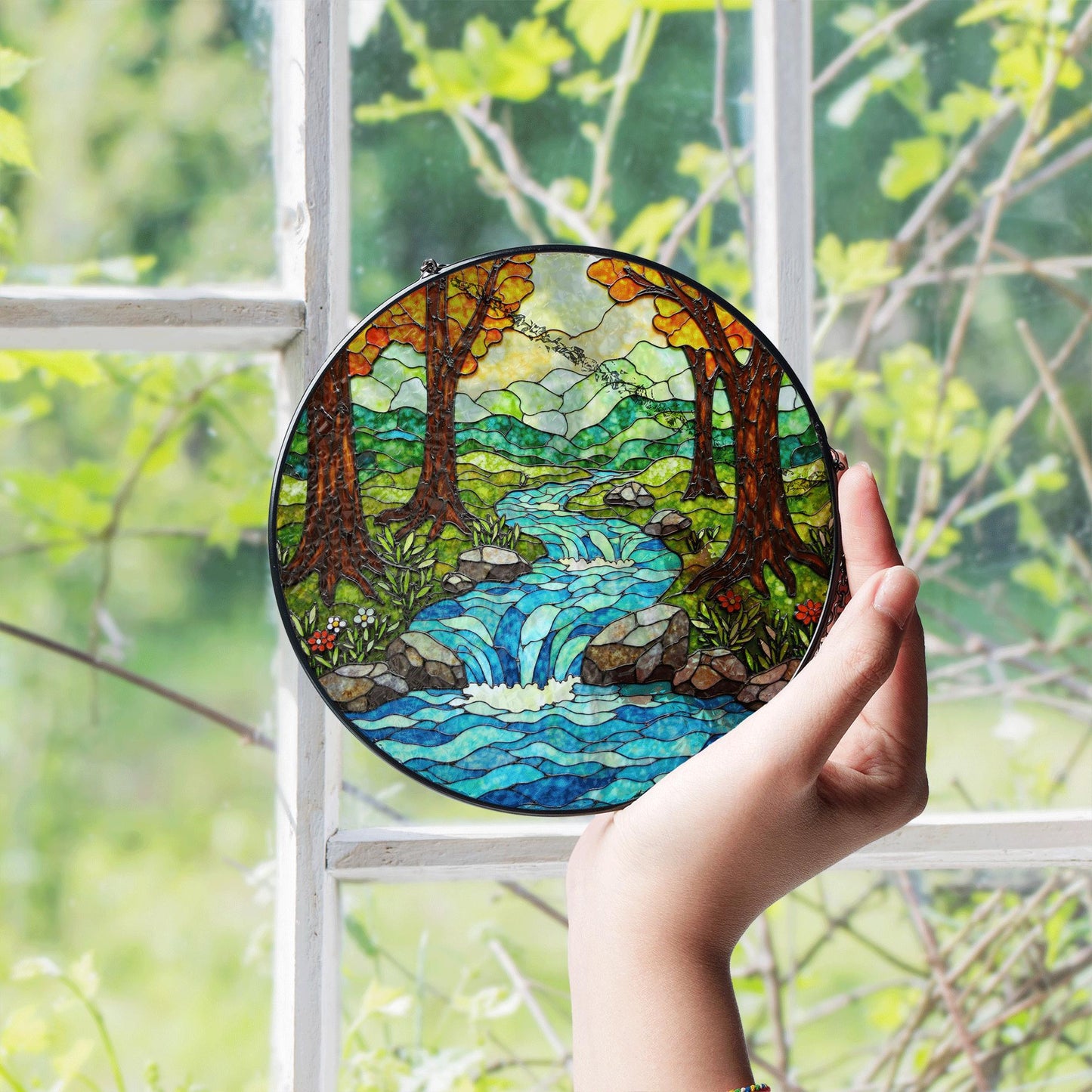 Forest waterfall creek stained glass suncatcher nature window hanging gift for outdoor lovers