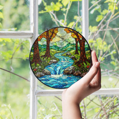 Forest waterfall creek stained glass suncatcher nature window hanging gift for outdoor lovers