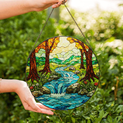 Forest waterfall creek stained glass suncatcher nature window hanging gift for outdoor lovers