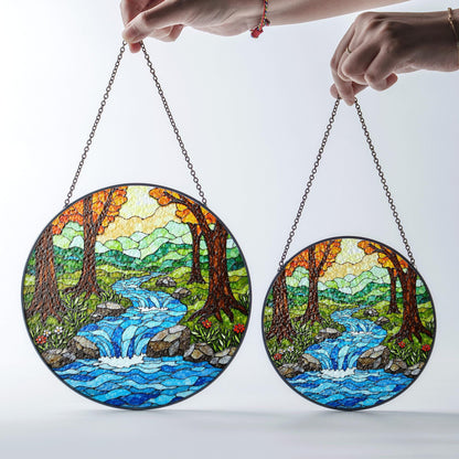 Forest waterfall creek stained glass suncatcher nature window hanging gift for outdoor lovers