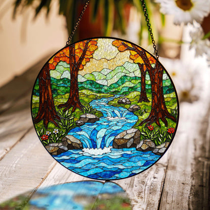 Forest waterfall creek stained glass suncatcher nature window hanging gift for outdoor lovers
