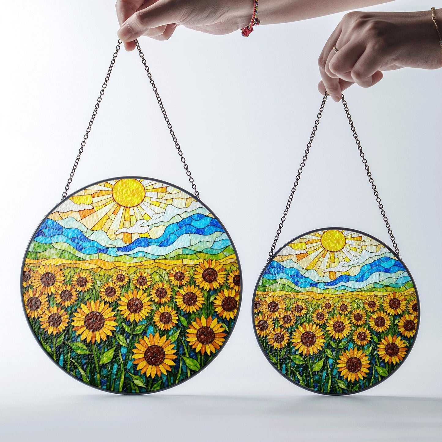 Vibrant sunflower field stained glass style round suncatcher gift for mom or sunflower lovers