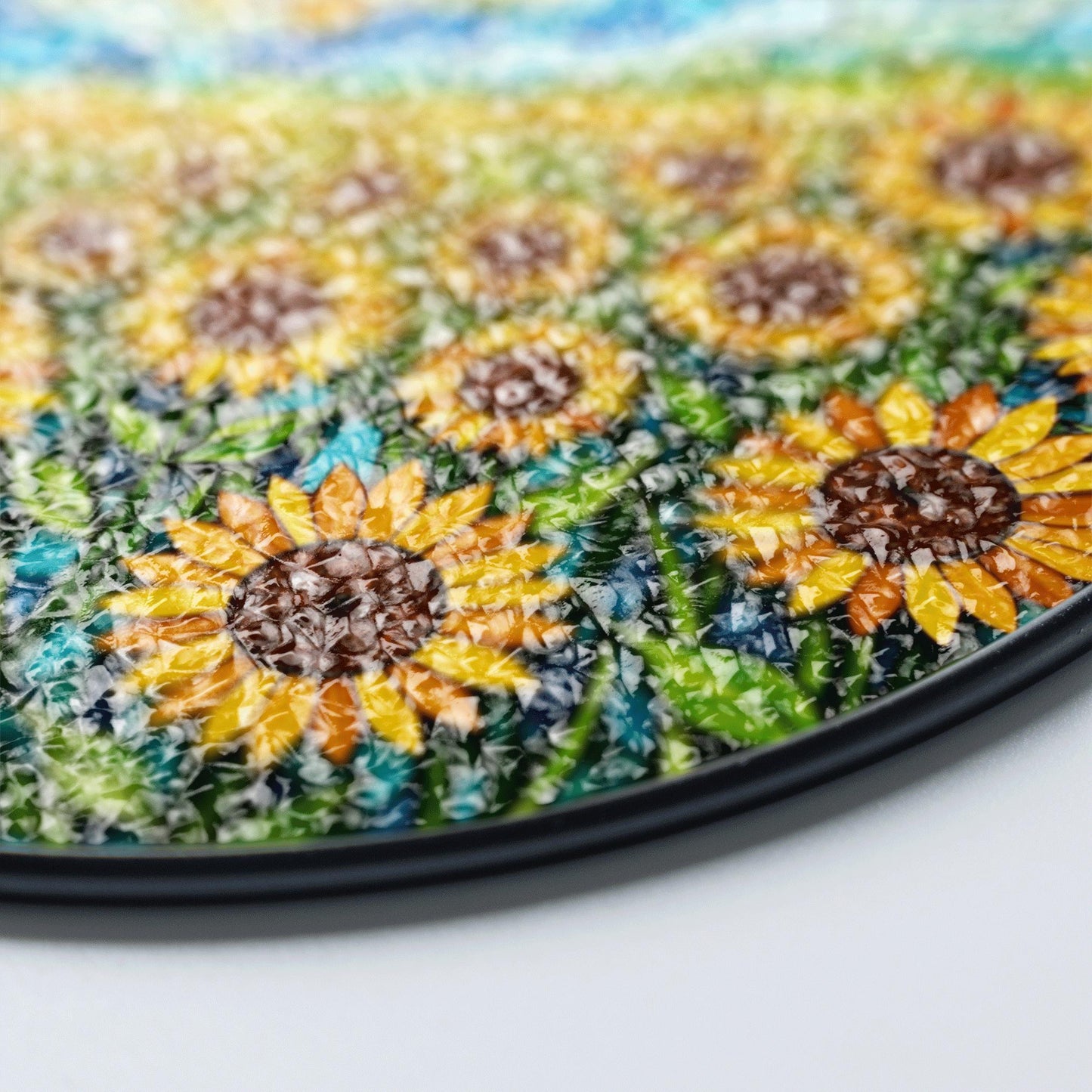 Vibrant sunflower field stained glass style round suncatcher gift for mom or sunflower lovers