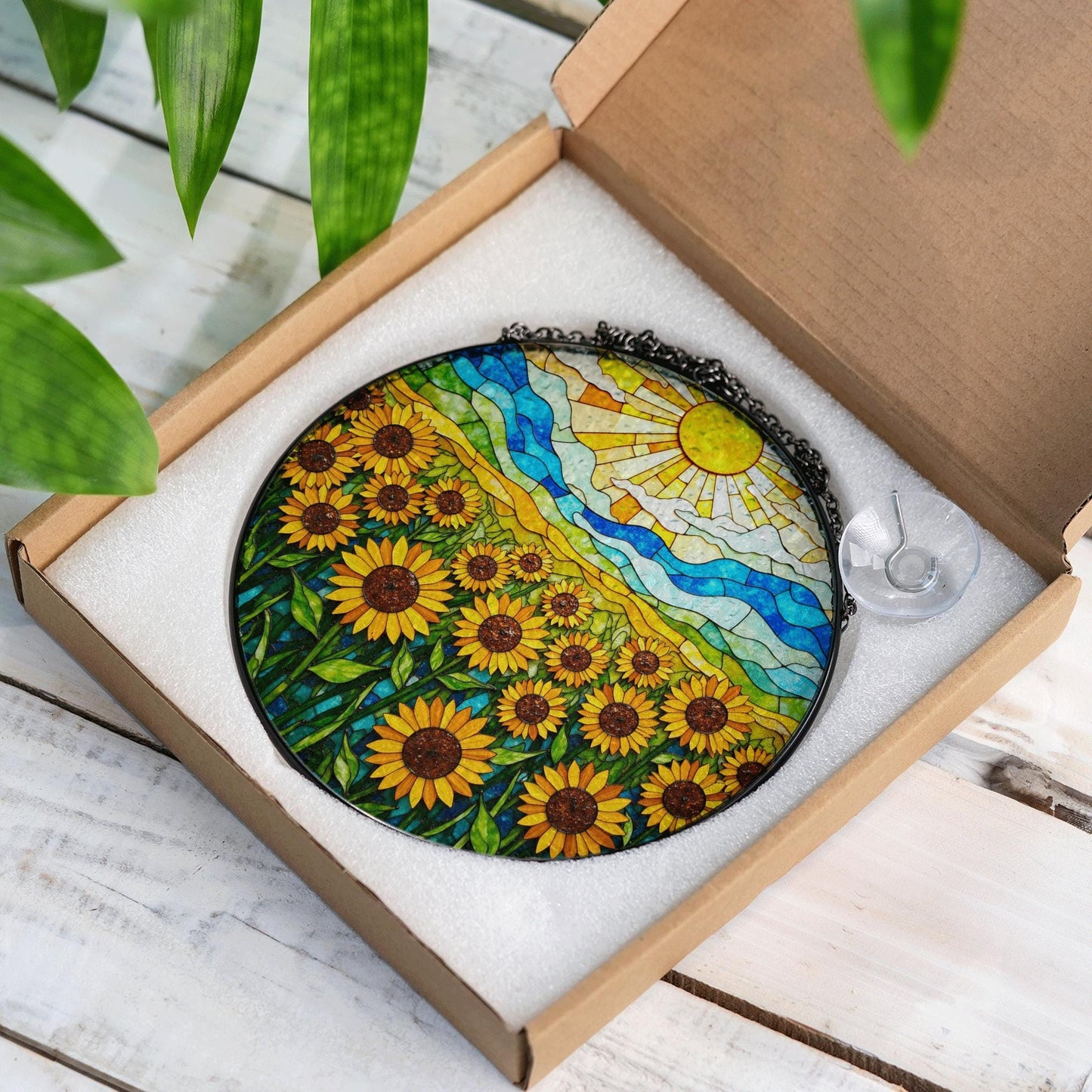 Vibrant sunflower field stained glass style round suncatcher gift for mom or sunflower lovers