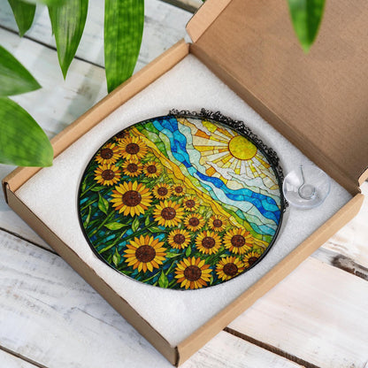 Vibrant sunflower field stained glass style round suncatcher gift for mom or sunflower lovers