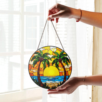 Tropical Palm Tree Suncatcher Stained Glass Sunset Beach Window Gift