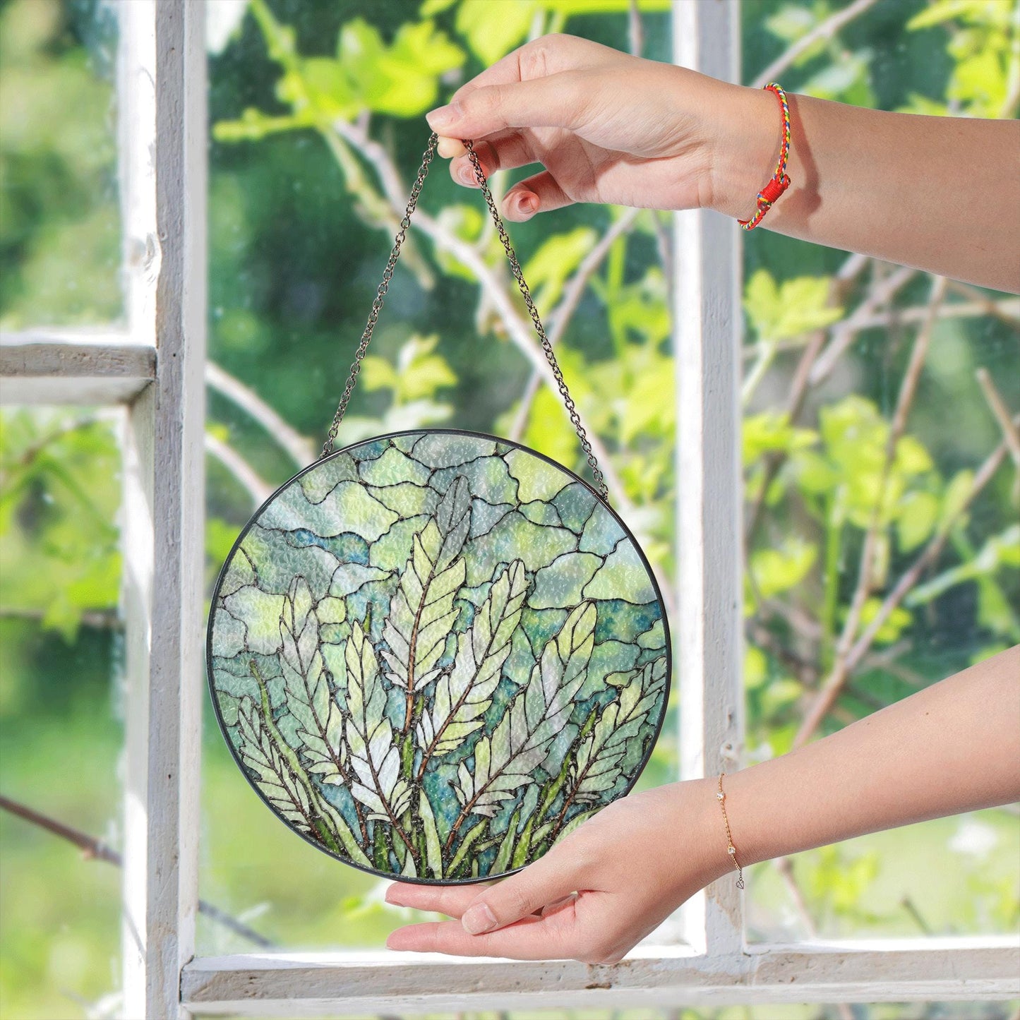 Leaf-Themed Stained Glass Suncatcher with Natural Green Tones for Home Decor and Gift Giving
