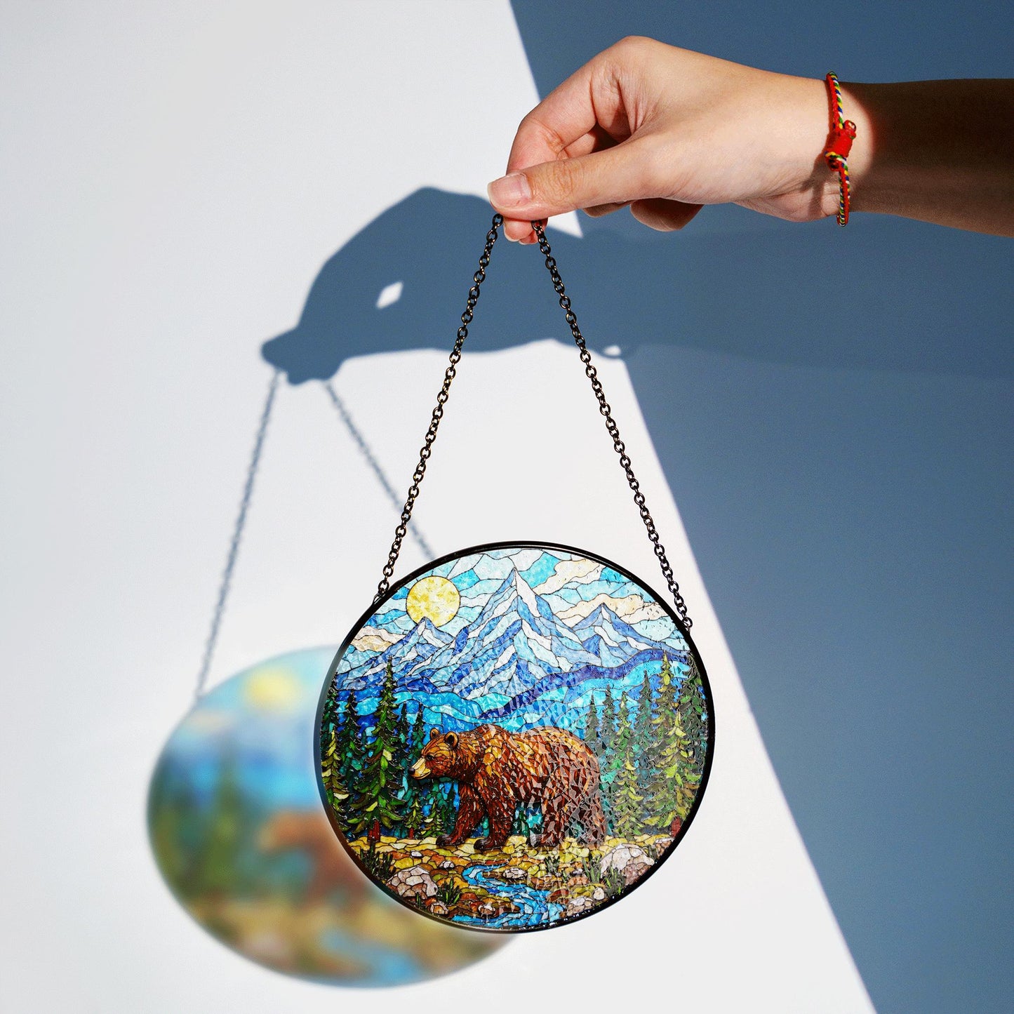 Stained Glass Bear in Mountains Suncatcher Nature Art Gift for Outdoors Lovers