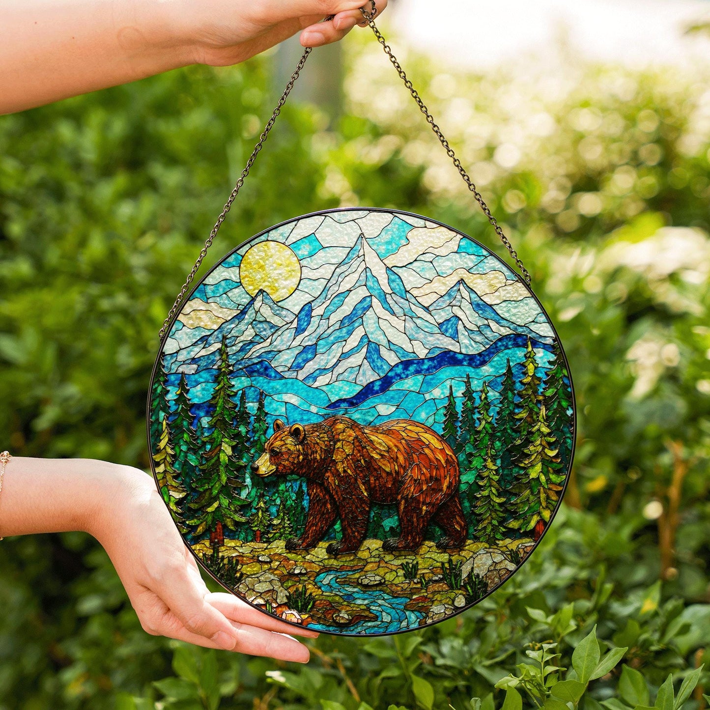 Stained Glass Bear in Mountains Suncatcher Nature Art Gift for Outdoors Lovers