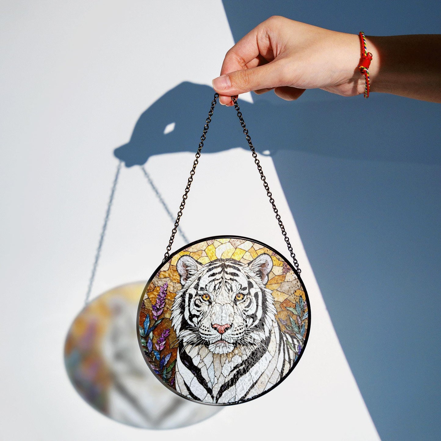 White Tiger Nature Scene Suncatcher Stained Glass Style Window Decor Gift for Wildlife Lovers