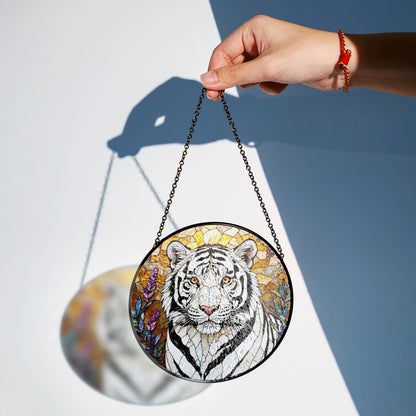 White Tiger Nature Scene Suncatcher Stained Glass Style Window Decor Gift for Wildlife Lovers