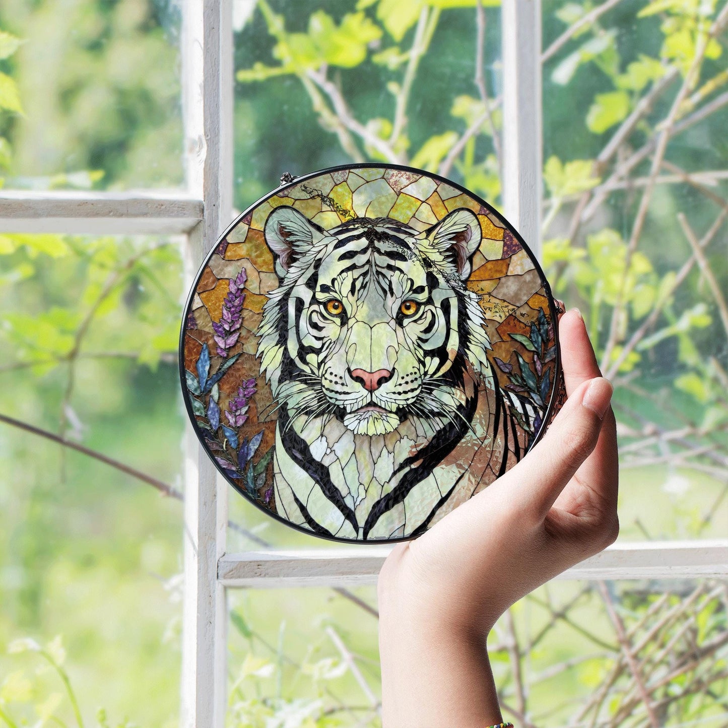 White Tiger Nature Scene Suncatcher Stained Glass Style Window Decor Gift for Wildlife Lovers