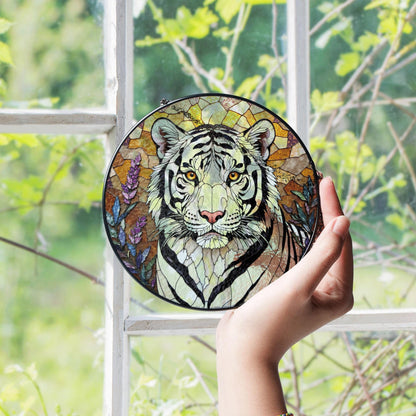 White Tiger Nature Scene Suncatcher Stained Glass Style Window Decor Gift for Wildlife Lovers