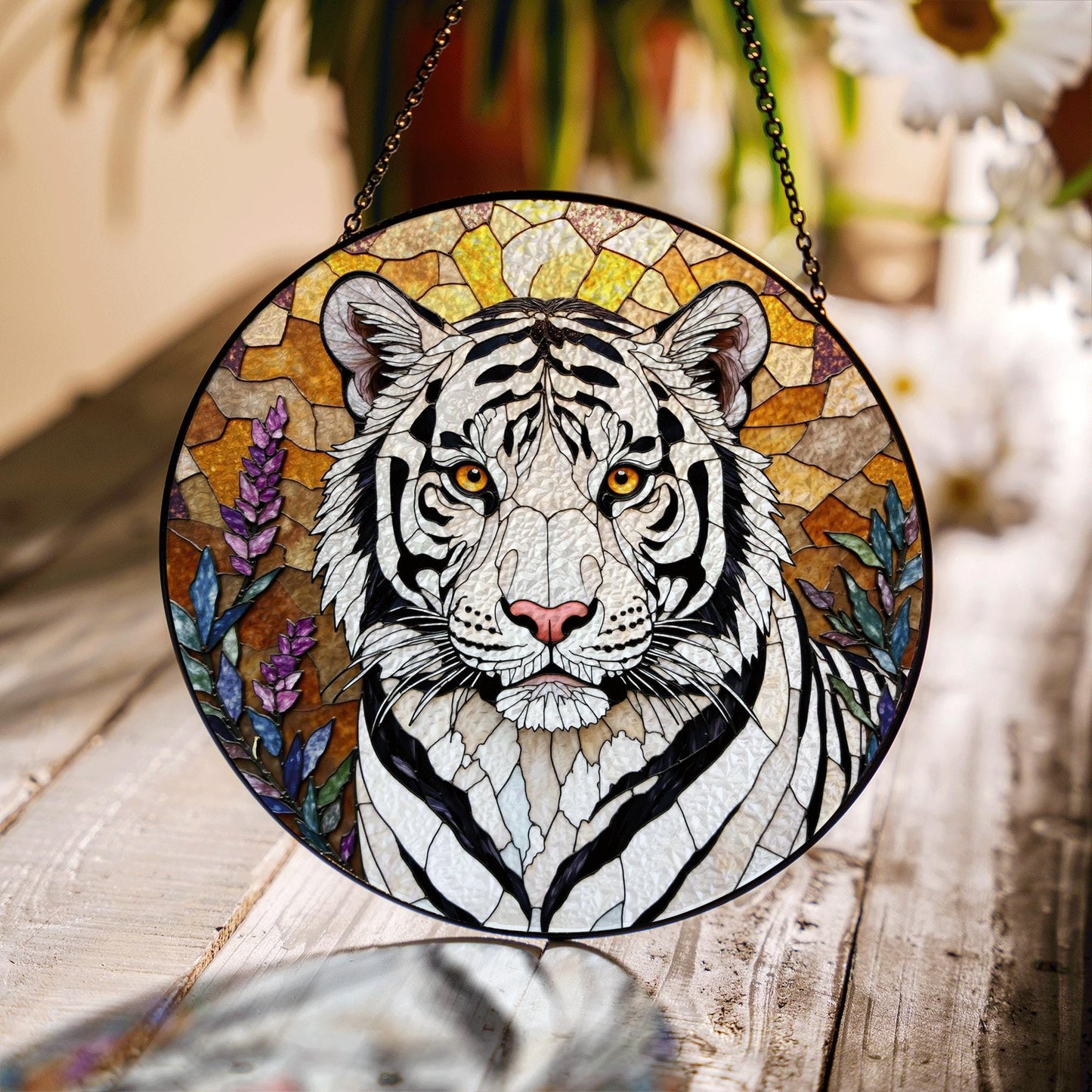 White Tiger Nature Scene Suncatcher Stained Glass Style Window Decor Gift for Wildlife Lovers