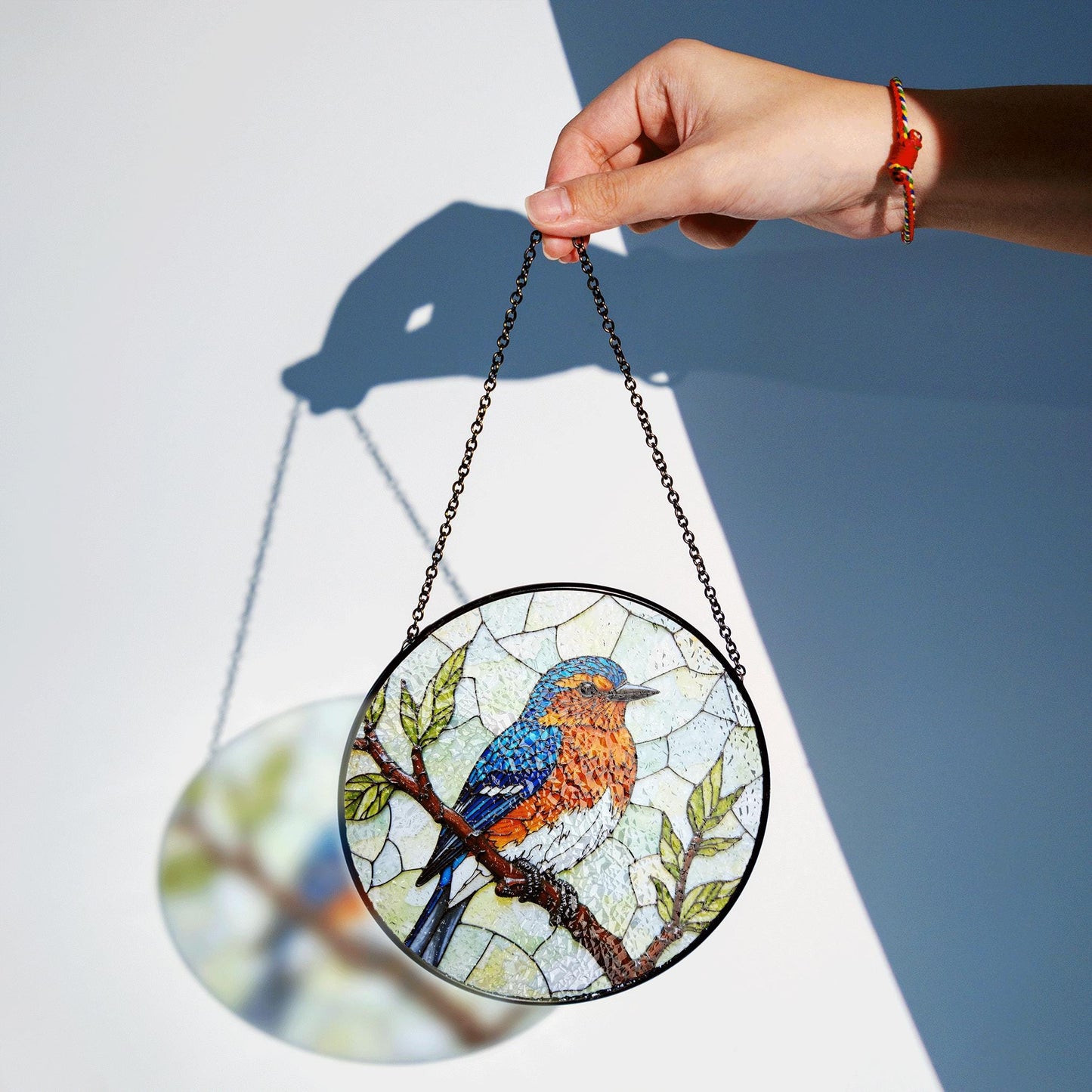 Blue Orange Bird on Branch Window Suncatcher Handmade Glass Panel Gift for Nature Lover