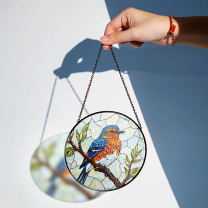 Blue Orange Bird on Branch Window Suncatcher Handmade Glass Panel Gift for Nature Lover