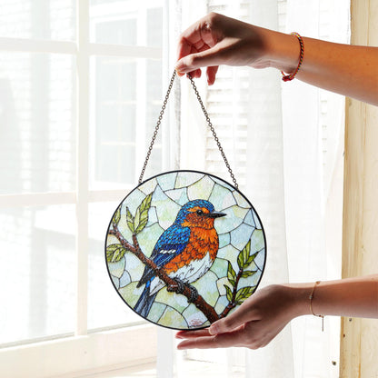 Blue Orange Bird on Branch Window Suncatcher Handmade Glass Panel Gift for Nature Lover