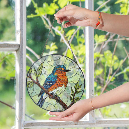 Blue Orange Bird on Branch Window Suncatcher Handmade Glass Panel Gift for Nature Lover