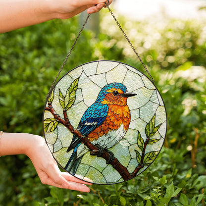 Blue Orange Bird on Branch Window Suncatcher Handmade Glass Panel Gift for Nature Lover