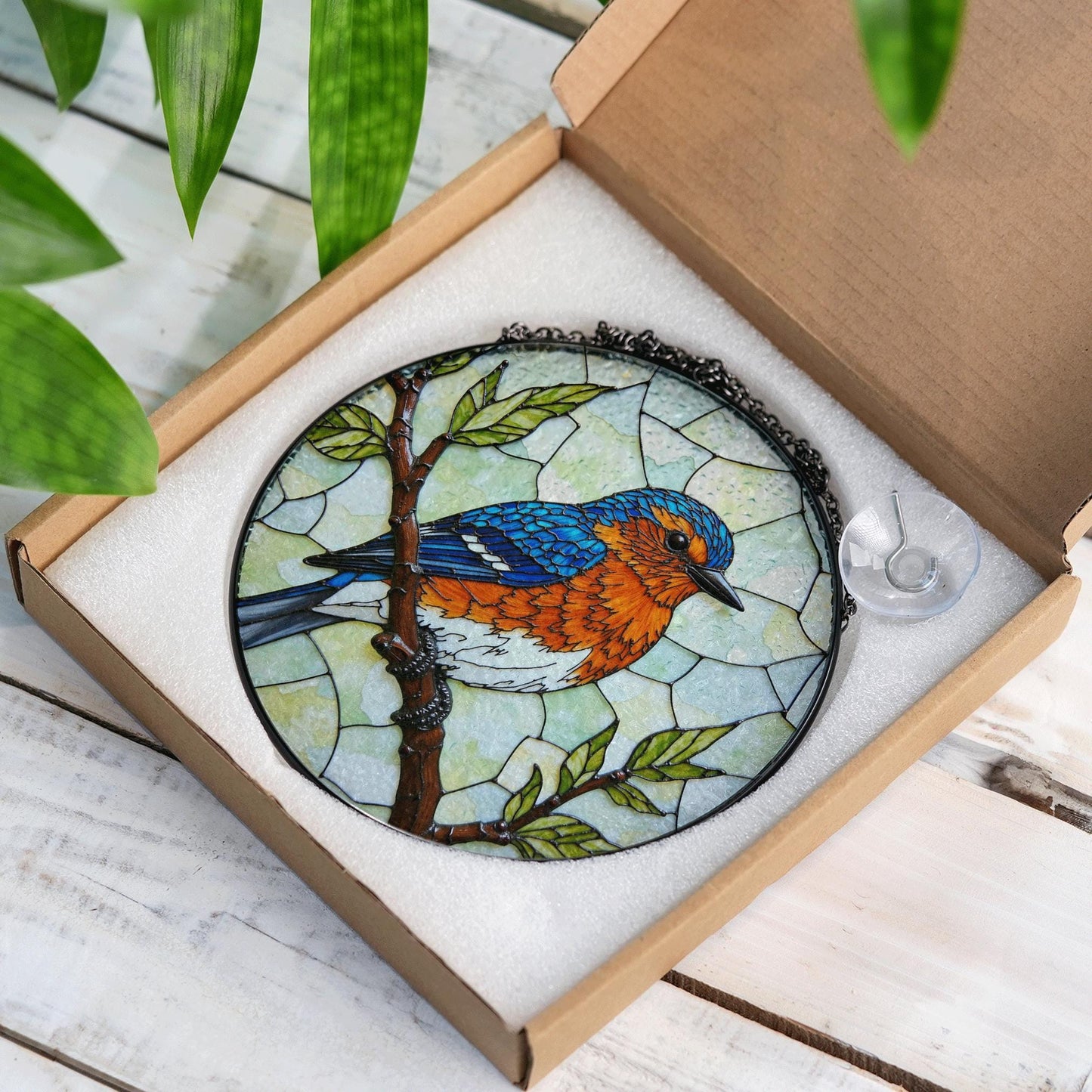 Blue Orange Bird on Branch Window Suncatcher Handmade Glass Panel Gift for Nature Lover