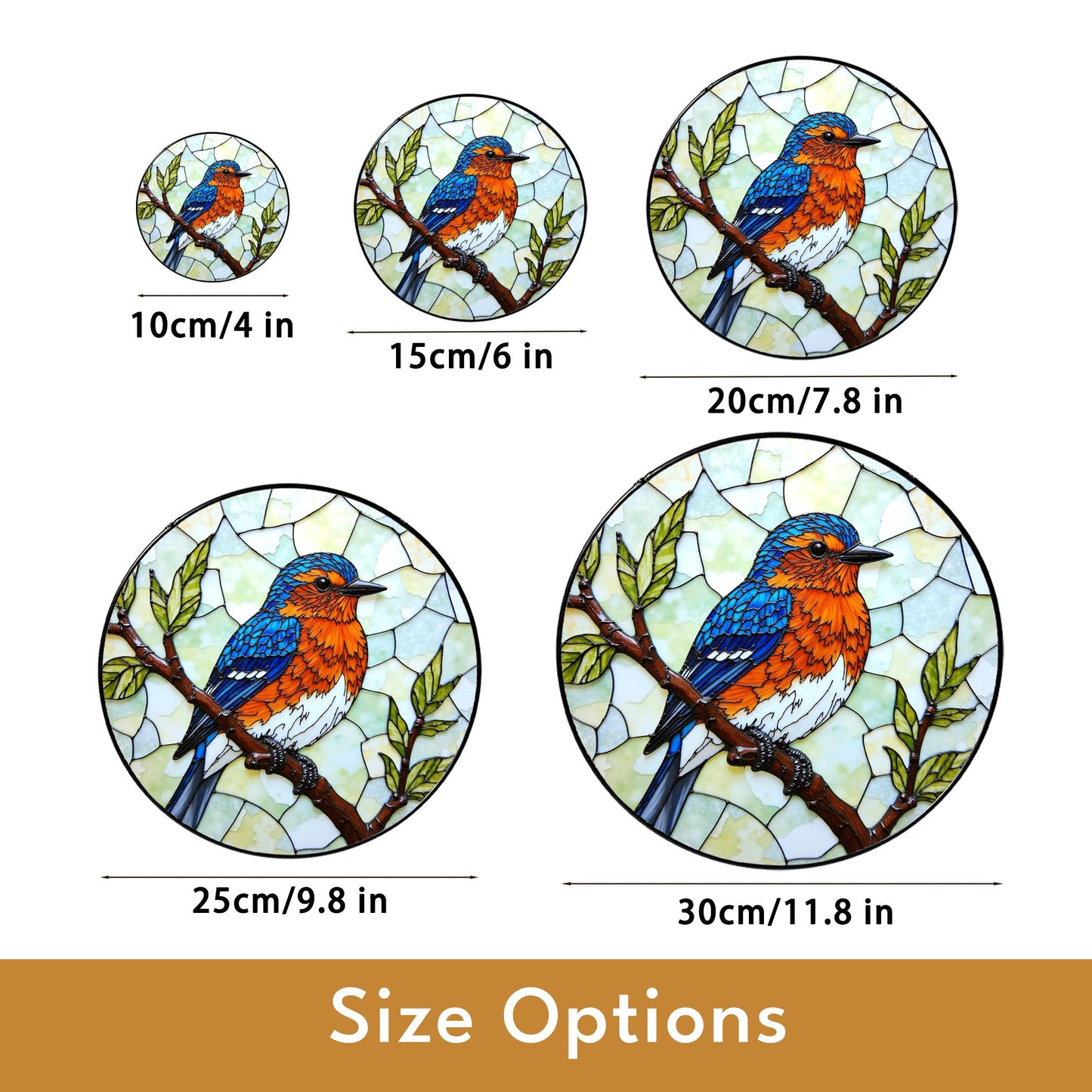 Blue Orange Bird on Branch Window Suncatcher Handmade Glass Panel Gift for Nature Lover
