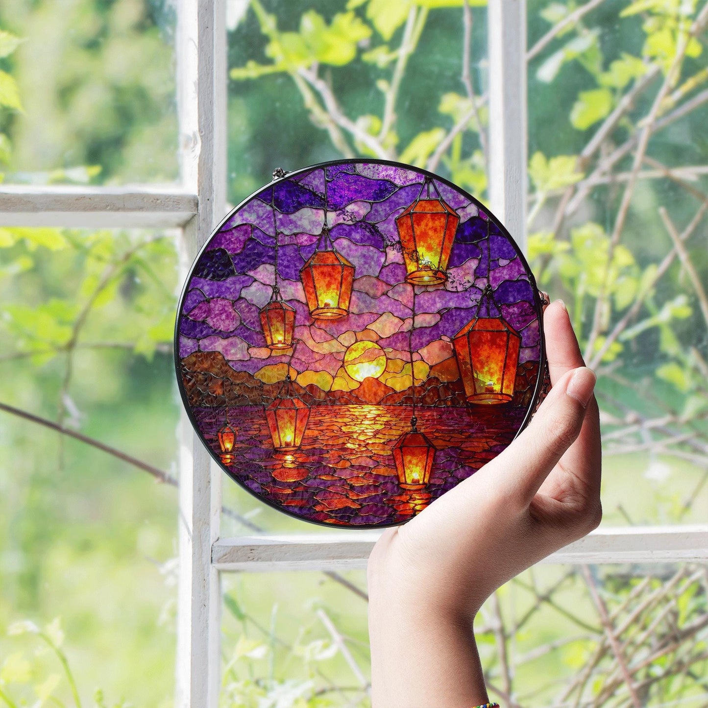 Sunset Lanterns Over Ocean Purple Sky Suncatcher Stained Glass Gift for Mom